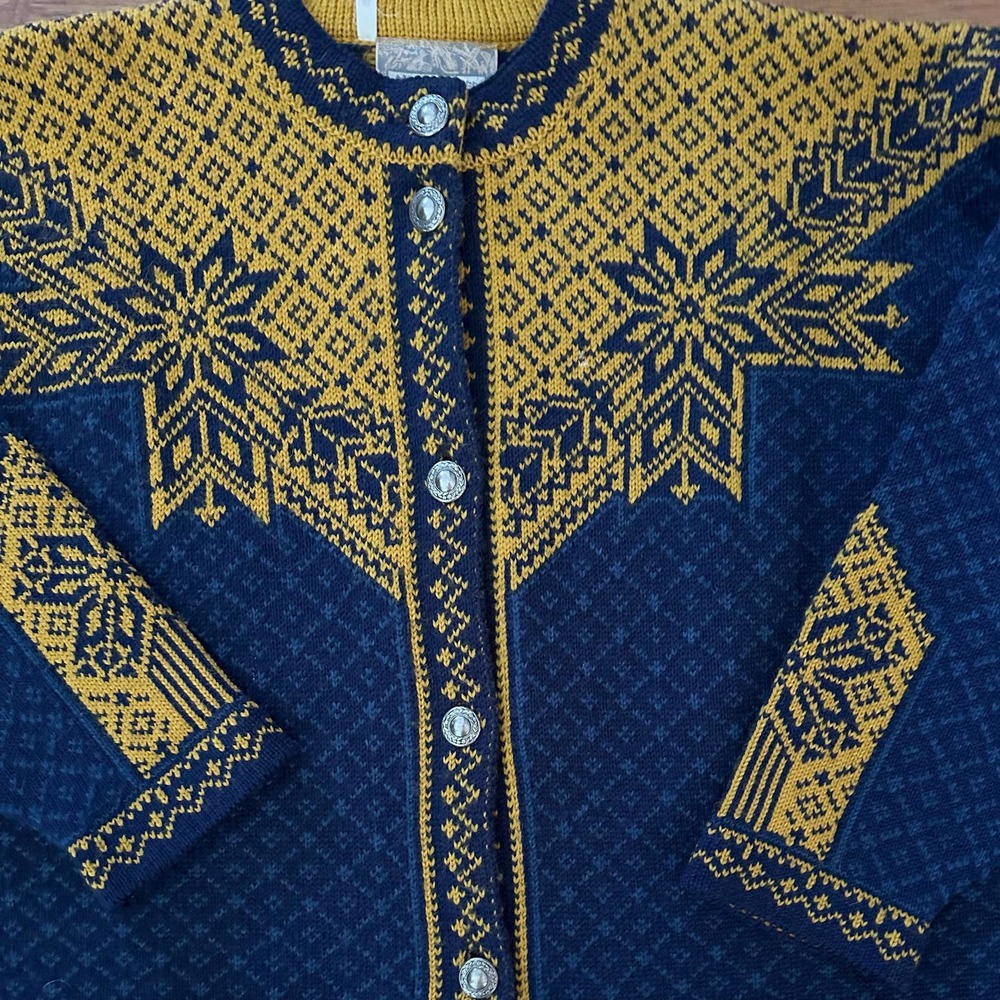Vintage 70s/80s Norleander Blue Yellow Fair Isle Wool Cardigan size XL - Picture 2 of 5